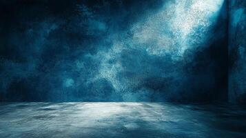 Dramatic teal room with textured walls and a spotlight creates a moody atmosphere, perfect for showcasing a product or setting a scene. photo