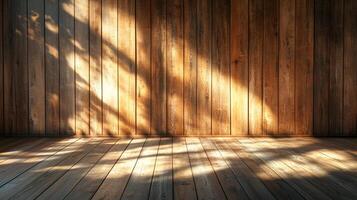 Sunlight dapples a rustic wood plank wall and floor, creating a warm and inviting atmosphere with its interplay of light and shadow. photo