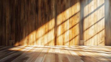 Sunlight filters into a room with wood paneled walls and floor, creating a warm and inviting atmosphere with dynamic light and shadow play. photo
