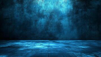 An abstract blue background featuring a textured wall and tiled floor, suitable for use as a stage or product presentation backdrop. photo