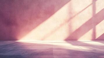 Sunlight streams across a textured pink wall and tile floor creating an inviting and abstract background for potential product placement. photo