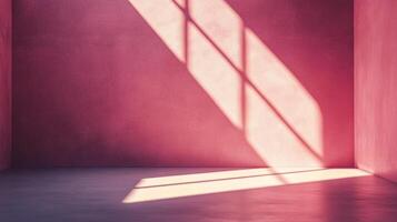 Abstract indoor space featuring angular shadows cast by window light on a textured pink wall, creating a minimalist ambiance, and strong lines. photo