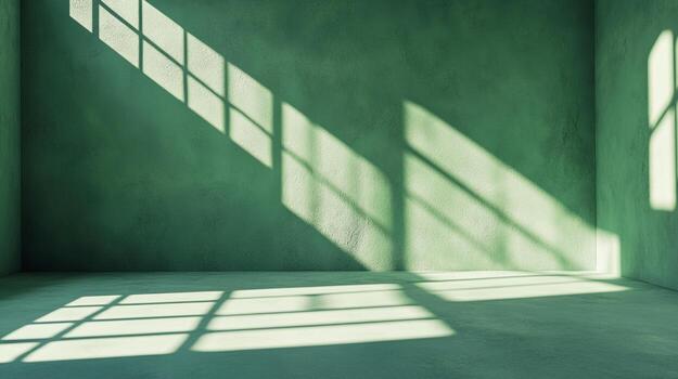 Sunlight streams into a green-walled room creating geometric patterns and interesting shadow play across the textured surface. Minimalist design. photo