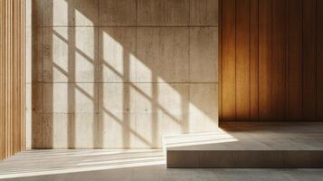 Sunlight streams through a window casting geometric shadows on a textured wall, highlighting the interplay of light and material. photo