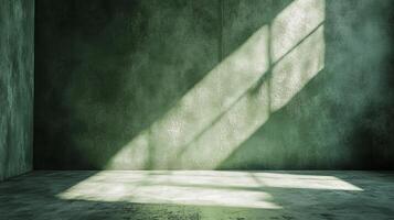Abstract green room corner with sunlight and rough textures creating a serene, minimalist space, showcasing light and shadow interplay. photo