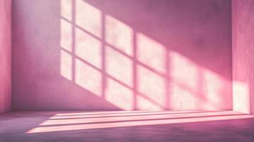 A pink room is painted with light from a grid-shaped window, casting shadows across the wall and floor, creating a serene atmosphere. photo