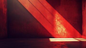 Sunlight streams into a red-walled room, illuminating texture and shadows. Abstract interplay of light and color creates a simple but striking view. photo
