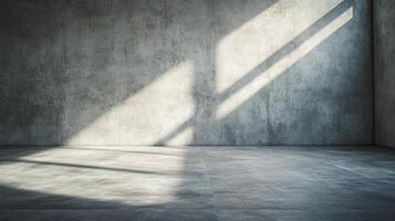 Sunlight streams into an empty concrete room, casting shadows across the floor and wall. A study of light, shadow, and minimalist space. photo