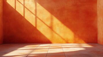 Sunlight streams through a window casting geometric shadows on an orange textured wall, creating a warm and inviting ambiance in the room. photo