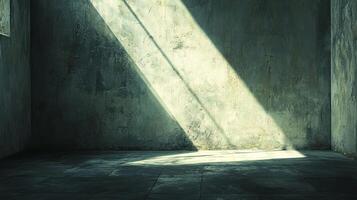 A beam of light falls across a concrete wall, illuminating an empty room with a stark, architectural beauty. Minimalist scene of shadows and light. photo