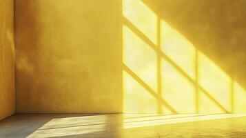 Sunlight streams through a window, creating patterns on a mustard-yellow wall. The room is otherwise empty, and the scene is quiet and still. photo