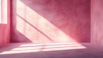 An empty all pink room has sunlight streaming in through a window casting strong shadows across the wall and floor, creating a sense of peace. photo