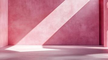 Abstract pink room interior with sunlight creating a striking diagonal pattern, casting shadows and highlighting the textured walls and floor. photo