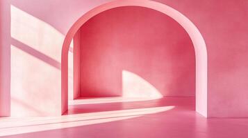Pink studio with archway bathed in sunlight, minimalist interior showcasing smooth walls and floor in soft pink. Elegant and serene design. photo