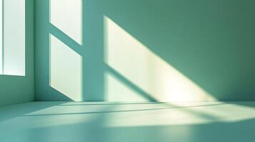 Shadows cast geometric patterns in a minimal room, creating interplay between light and shadow on the pale wall and floor. photo