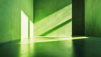 Green room interior with light and shadows creating a minimalist aesthetic, emphasizing form and color in a serene, abstract composition. photo