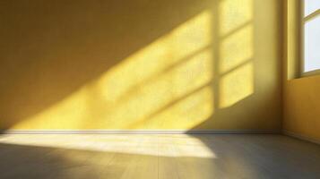 Sunlight streaming through a window creates dynamic light and shadow patterns on the yellow wall and wooden floor of an otherwise empty room. photo