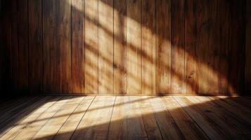 Wooden room bathed in soft sunlight, creating warm shadows. The rustic texture adds depth, inviting and peaceful interior space. photo