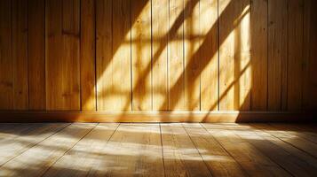 Sunlight streams through a window onto wood panels and flooring, creating an inviting and warm atmosphere. photo