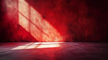 Intense red room with light rays streaming through an unseen window, illuminating the floor and wall. Creates a dramatic atmosphere. photo