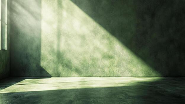 Sunlight streams into an empty green room, creating a contrast between light and shadow on the textured wall and floor, showcasing simplicity. photo