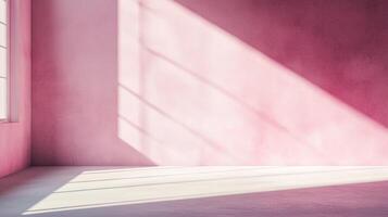 A soft pink wall creates a calm and serene atmosphere with sunlit shadows casting linear patterns in an aesthetically pleasing space. photo