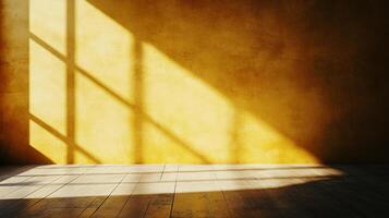 A sunlit wall and floor create a warm ambiance with light and shadow, casting geometric shapes in an inviting interior space. photo