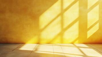 Sunlit room with yellow walls and wooden floor, casting window shadows, creating a warm, inviting and modern home interior atmosphere. photo