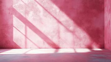 Pink stucco wall basks in sunlight streaming through a window, creating striking shadows. Simple yet evocative minimalist aesthetic. photo