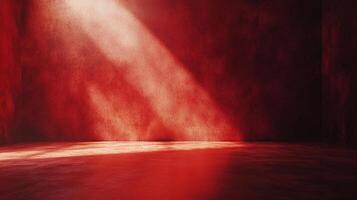 A light beam illuminates a room with textured red walls and flooring, creating a dramatic and atmospheric space. photo