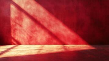 Crimson interior bathed in light creating dynamic shadow play. A striking minimalist backdrop with bold color and visual intrigue. photo