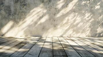 Sunlight dances on a textured wall and weathered wood, creating an inviting ambiance. Nature's elegance shines through. photo