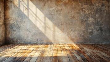 A sunbeam pierces the old room, casting shadows on the rough wall and wooden floor, creating a serene ambiance. A haven of tranquility. photo