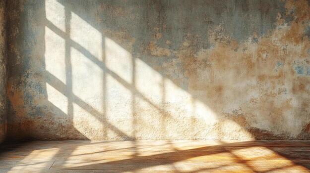Sunlight streams through a window, casting geometric shadows across a textured wall and polished wooden floor in an empty, weathered room. photo