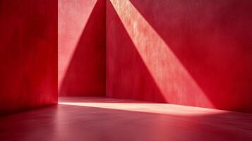 Minimalist red room corner with sunlight creating a triangle. Abstract space with clean lines and vibrant color for modern design. photo