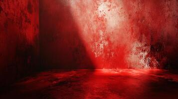 A dimly lit corner with red walls and floor, creating a sense of enclosure and foreboding with its dark hues and textural contrast. photo