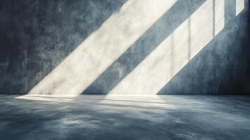 Sunlight streams into a dimly lit room, creating contrast on the wall and floor, an example of architectural lighting indoors. photo