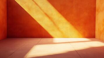 Illuminated orange room corner with diagonal light rays and textured walls creating a minimalist architectural backdrop. photo