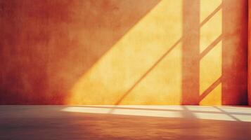 Sunlight illuminates an orange wall casting window shadows across the empty room, creating a bright, warm, and textured architectural abstract. photo