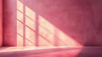 Minimalist pink room corner bathed in sunlight, shadows creating geometric patterns, ideal for design mockups and product photography. photo