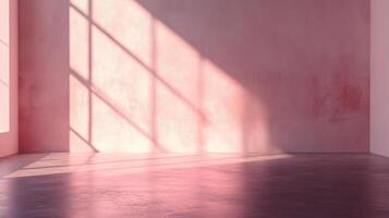Illuminated pink room corner with window shadow art, a modern and minimalist space bathed in the soft glow of light, creating geometric patterns. photo