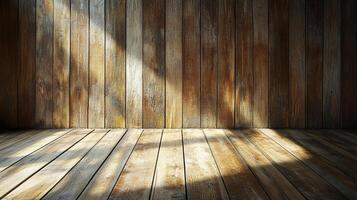 Rustic wooden planks create a warm and inviting space, illuminated by a gentle ray of sunlight casting shadows on the floor and wall. photo