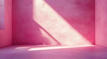 A minimalist pink room bathed in sunlight, creating geometric patterns. The bright light adds depth to the textured walls. Simple and serene. photo