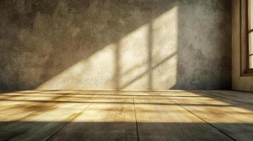 Sunlight streams into an empty room, casting shadows on the floor and wall, highlighting the textures and the play of light and shadow. photo