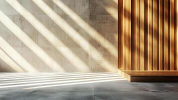Sunlight streams through a modern space, casting striking shadows on a textured wall and highlighting sleek wood paneling. photo