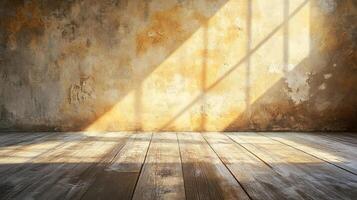 Sunlit rustic interior featuring a textured wall and a wooden floor, perfect for showcasing products or creating a vintage backdrop. photo