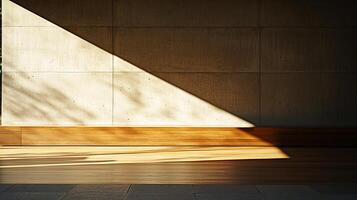Abstract wall with sunlight casting a dramatic diagonal shadow. The setting combines concrete, wood, and tile, with an outdoor backdrop. photo