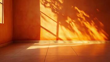 Sunlight streams through a window, casting shadows on the wall in an empty terracotta room with tile floor, creating a peaceful ambiance. photo