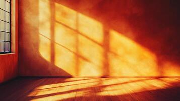 Sunlight streams into a room, casting geometric shadows from a window onto a textured wall and wooden floor, creating a warm ambience. photo