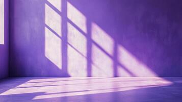 Sunlight paints geometric patterns on a serene purple room, casting linear shadows across the wall and floor, creating a calming atmosphere. photo